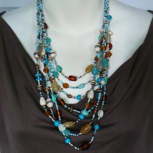 7 Strand Glass Bead Natural Stone Necklace Blue Brown Cream Shades